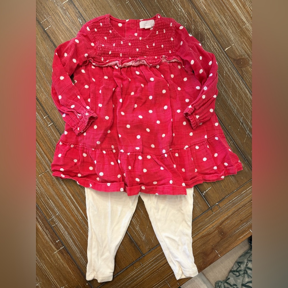 Girls Angel Dear Red Polka Dot Dress with White Leggings